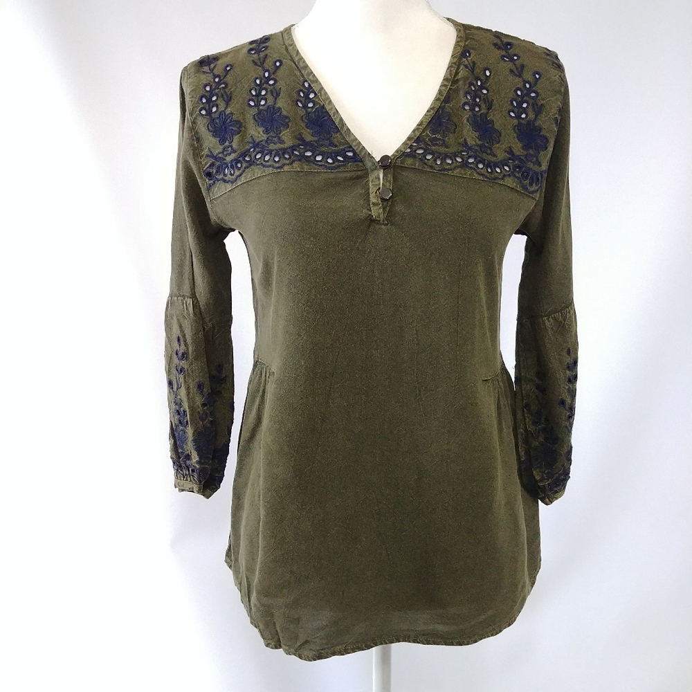 Indigo Thread Co. Olive Green Peasant Top NWOT